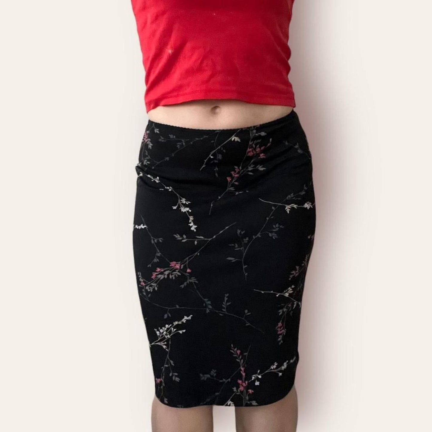 Black Floral Print Midi Skirt