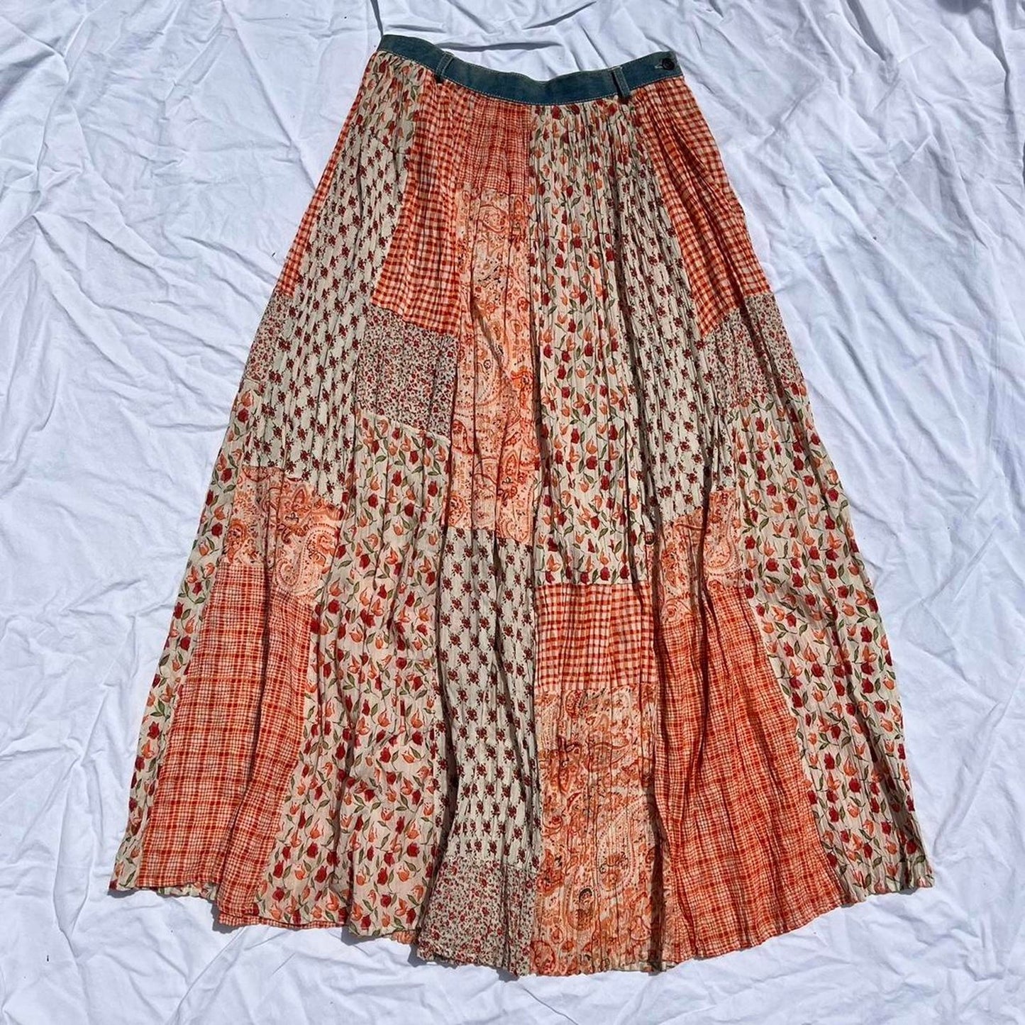 Orange Floral & Denim Maxi Skirt