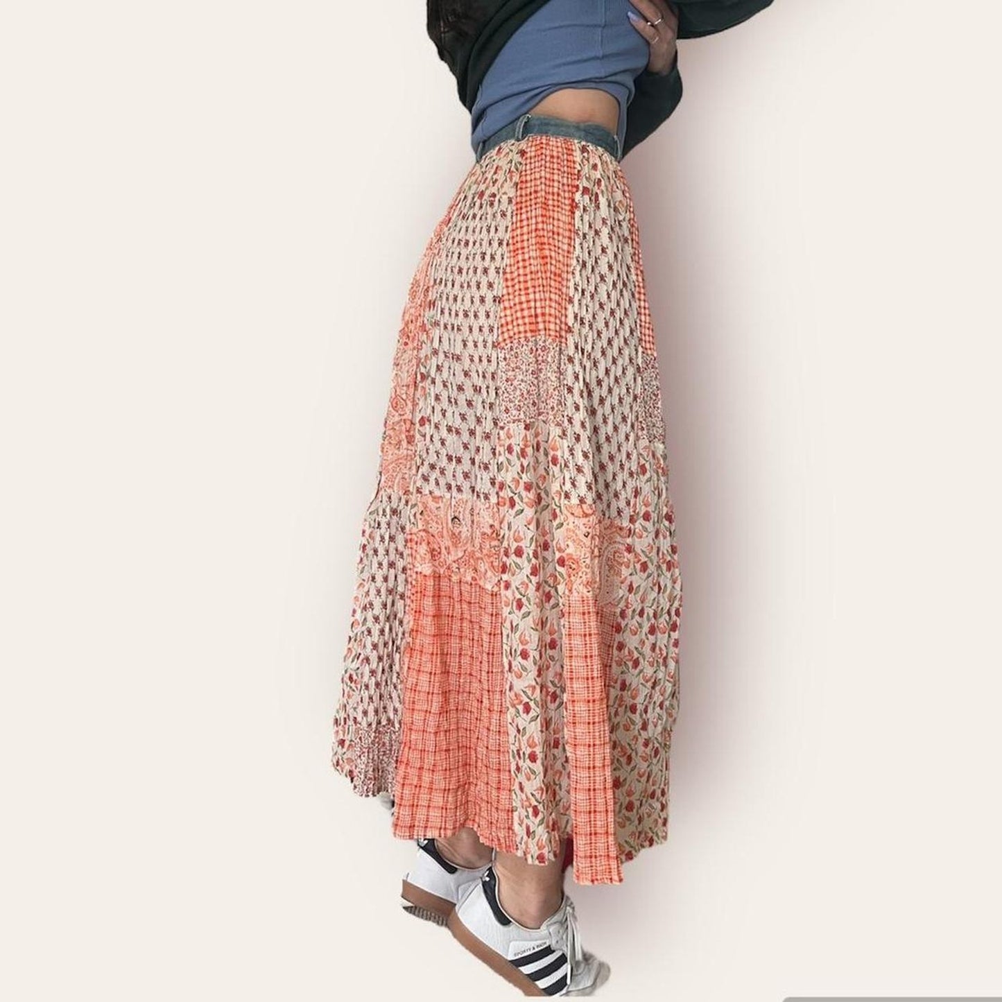 Orange Floral & Denim Maxi Skirt