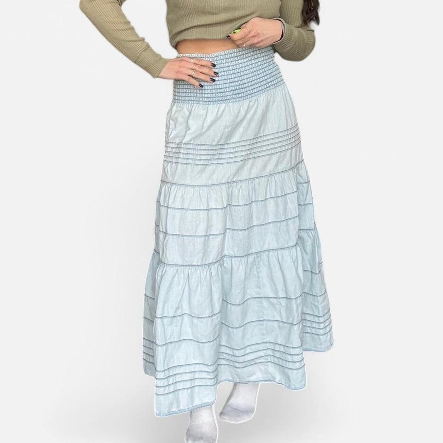 Denim Tiered Maxi Skirt