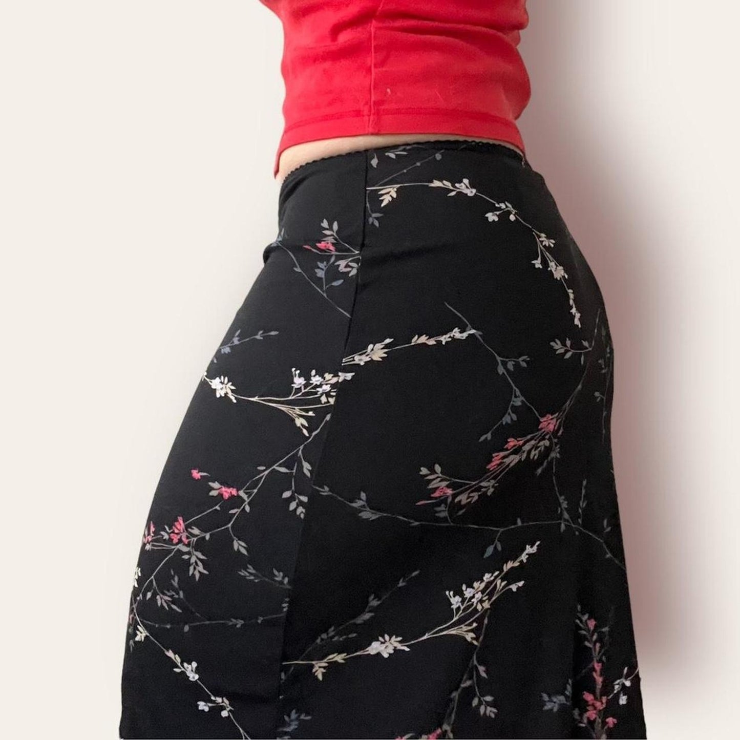 Black Floral Print Midi Skirt
