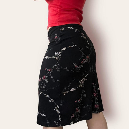 Black Floral Print Midi Skirt