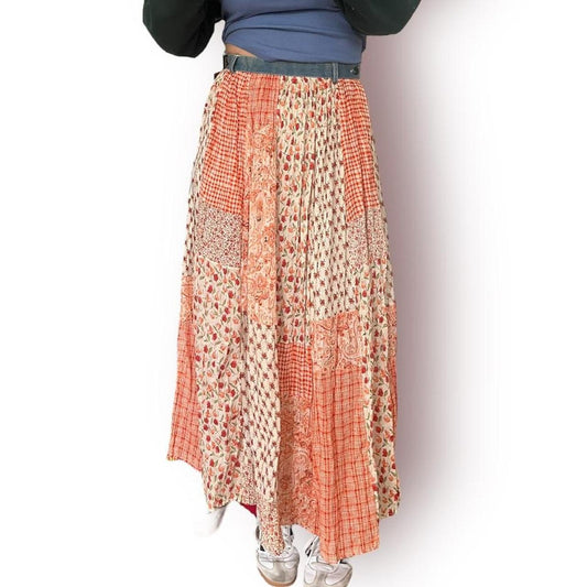 Orange Floral & Denim Maxi Skirt